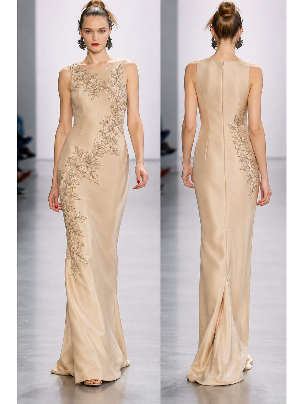 Badgley Mischka Champagne Beaded Appliqué Column Gown 4 NWT $990 Iconic Runway